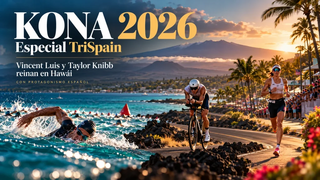 Ilustración editorial generada con IA sobre el triatlón en Kona 2026; no representa una fotografía de la competición.
